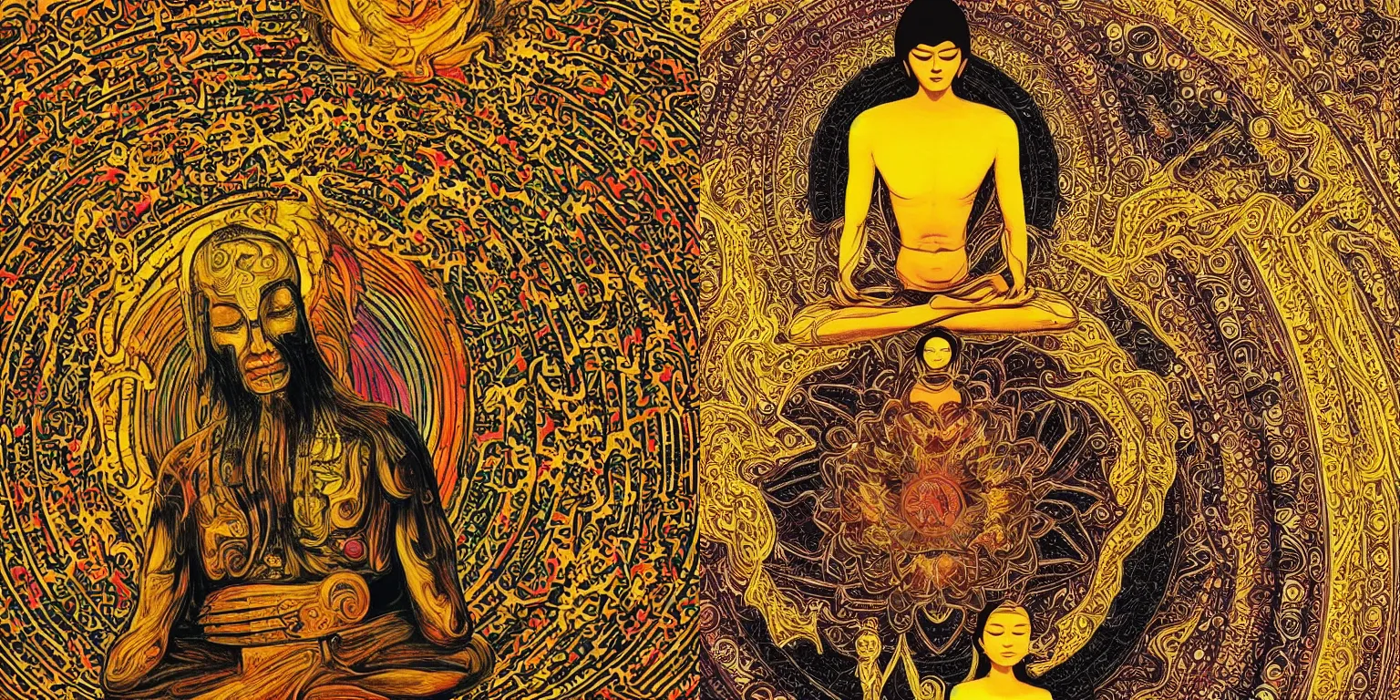 Image similar to human meditating supreme peace immense knowledge infinite color dmt art beige black gold love