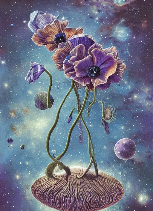 Image similar to detailed, intricate blue black and purple papaverum flower on the field, nebula, galaxy in the sky, winning award masterpiece, fantastically beautiful, illustration, aestheticly inspired, jacek yerka, upscale with anguissola sofonisba work, artstation, 8 k