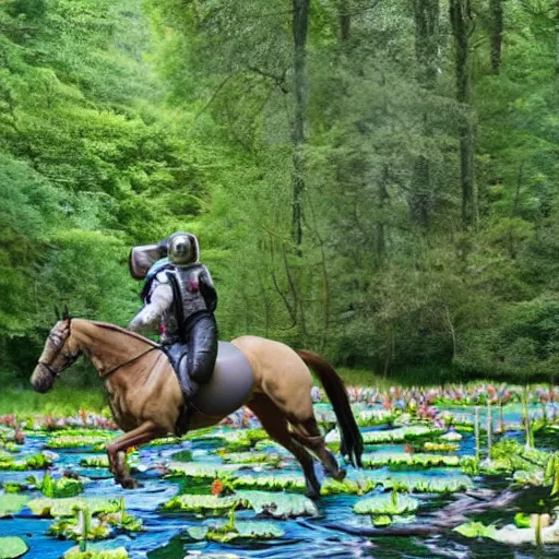 Image similar to A photo of an astronaut riding a horse in the forest. There is a river in front of them with water lilies.