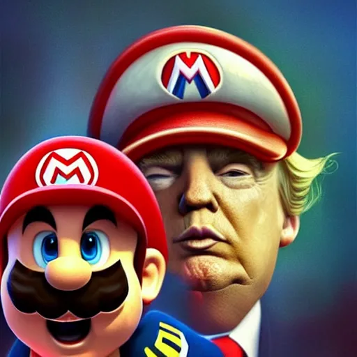 Image similar to donald trump as super mario, highly detailed, digital painting, artstation, concept art, smooth, sharp focus, illustration, art by artgerm and greg rutkowski and alphonse mucha