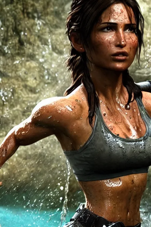 Image similar to a film still of lara croft, close up, muscular, drenched body, wet dripping hair, emerging from the water,