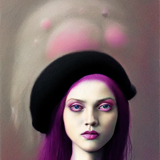 Prompt: portrait of beautiful young woman with flowing pink hair, wearing a black French beret hat, dark fantasy, Warhammer, artstation painted by Zdislav Beksinski and Wayne Barlowe