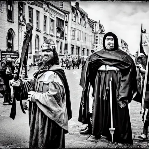 Prompt: medieval protester photo black and white wide angle lenses