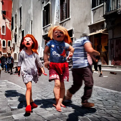 Prompt: screaming chucky doll chasing tourists in venice kodak porta hd