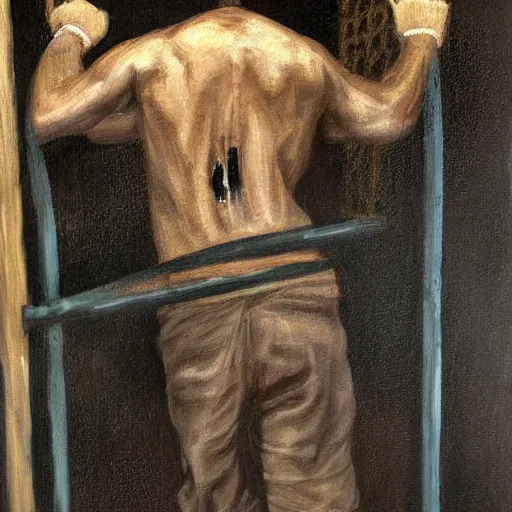 Image similar to a screaming prisoner holding prison bars, realism old painting