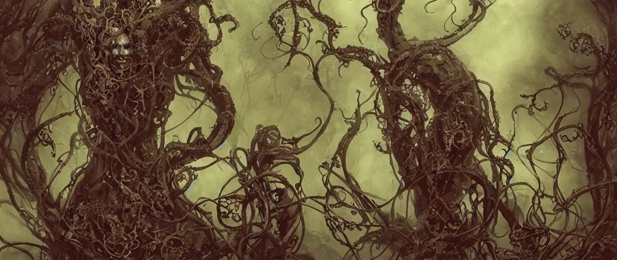 Prompt: centered horrifying detailed portrait of a insane, crazed, mad old bald zombie, muted colors, eldritch abomination, dunwitch horror, lovecraft bleeding ornate tentacles growing around, ornamentation, thorns, vines, tentacles, elegant, beautifully soft lit, full frame, 8 k by wayne barlowe, peter mohrbacher, kelly mckernan, h r giger