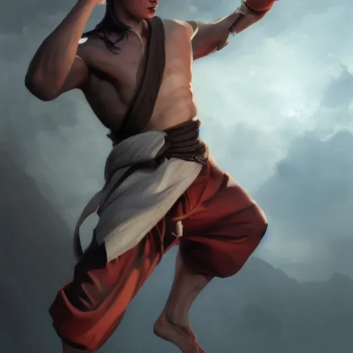 Prompt: A detailed matte oil on canvas painting of a young white male martial artist monk, orchid arm tattoos, fight stance by greg rutkowski and Charlie bowater, trending on artstationhd, dungeons and dragons art