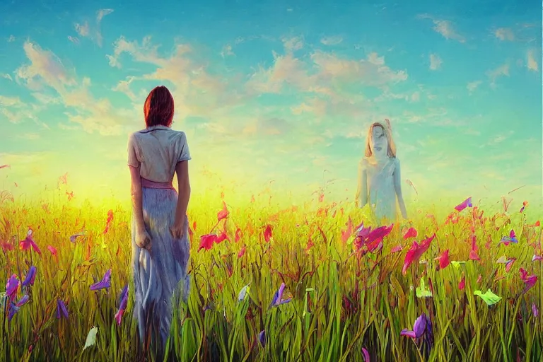 Image similar to giant gladiola head, girl walking in field of flowers, surreal photography, sunrise, blue sky, dramatic light, impressionist painting, digital painting, artstation, simon stalenhag