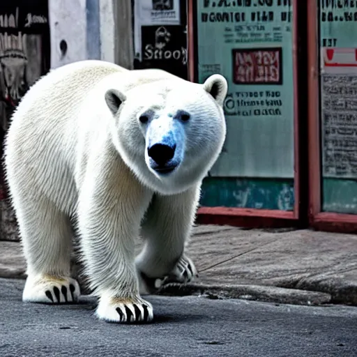 Image similar to a polar bear walking through the streets of rio de janeiro. photo. award - winning photography.