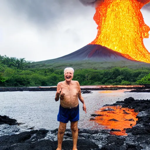 Prompt: elderly man swimming in a lava flow, smiling, happy, volcano, hot, eruption, magma, lava, canon eos r 3, f / 1. 4, iso 2 0 0, 1 / 1 6 0 s, 8 k, raw, unedited, symmetrical balance, wide angle