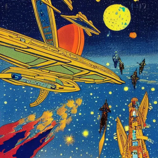 Prompt: spaceship battle, starry sky detailed ivan bilibin and edmund dulac and ilya kuvshinov and katsuhiro otomo