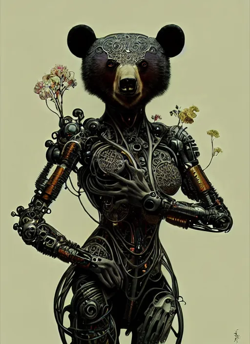 Image similar to organic cyborg, anthropomorphic asian black bear, diffuse lighting, fantasy, intricate, elegant, highly detailed, lifelike, photorealistic, digital painting, artstation, illustration, concept art, smooth, sharp focus, art by John Collier and Albert Aublet and Krenz Cushart and Artem Demura and Alphonse Mucha