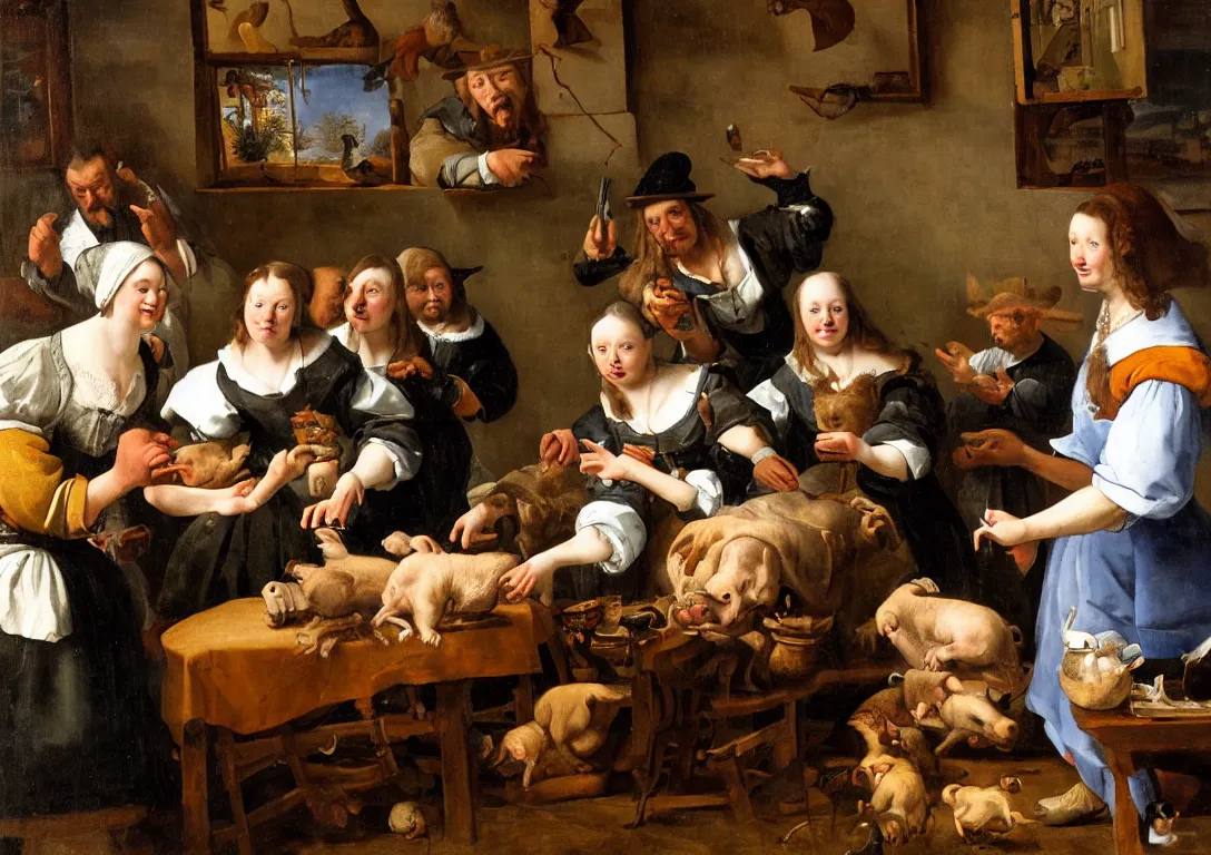 Image similar to Jan Steen. beautiful woman in the center looking at us. 5 people, pig, dog, duck, window. low ceiling, small chamber. Hyperrealistic, ultra detailed, 80mm, museum, artwork.