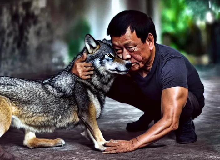 Prompt: duterte petting a wolf, realistic photograph, award winning photograph, cinematic, 4 k