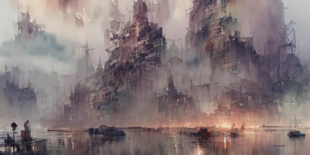 Prompt: a beautiful insanely intricate watercolor illustration of modern port, reflexions, colorfull, by william turner art, by greg rutkowski, by james jean, by rossdraws, by frank franzzeta, by sakimichan, by edmund dulac, trending on artstation, insanely detailed, masterpiece,