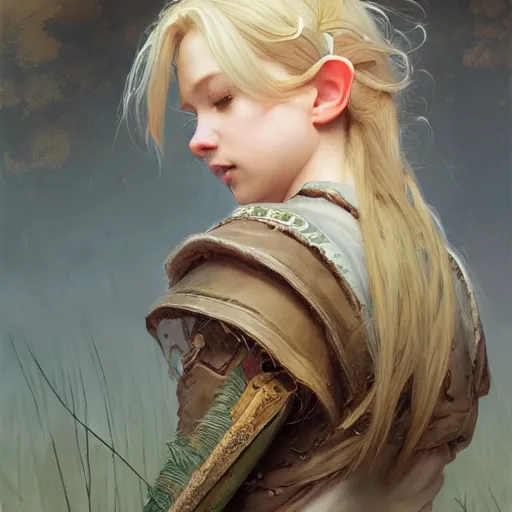 Image similar to elf fairy blond with a beautiful face, with a loot on their back, wearing a cardigan, highly detailed, intricate, digital painting, artstation, sharp focus, illustration, art by jakub rozalski, greg rutkowski, artgerm, tan zi and ayanamikodon and alphonse mucha and wlop