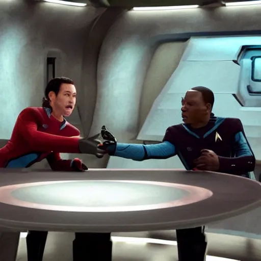 Prompt: isaac from the orville and data from star trek arm wrestling on the holodeck with the cast of both shows cheering on from the sidelines, 8 k, sharp focus, cinematic lighting, highly detailed, perfect anatomy,