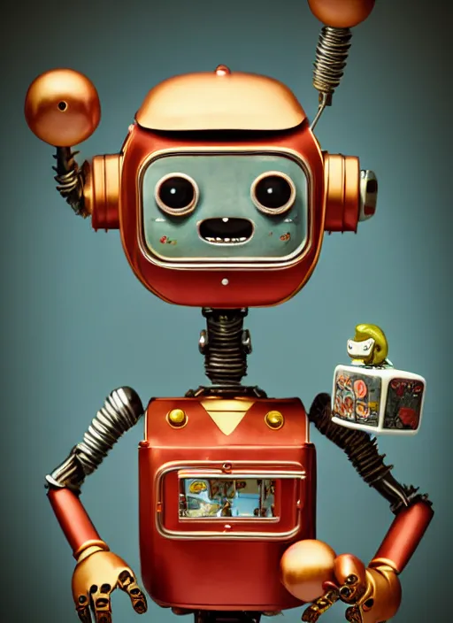 Image similar to highly detailed closeup portrait of a cute tin toy retro robot eating cakes, nicoletta ceccoli, mark ryden, lostfish, earl nore, hyung tae, frank frazetta, global illumination, god rays, detailed and intricate environment