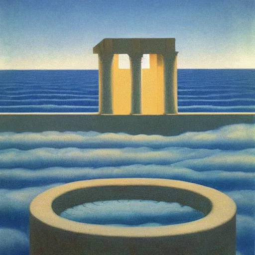 Prompt: an ancient greek bathhouse floating above an ocean under a night sky by Rene Magritte 50 steps