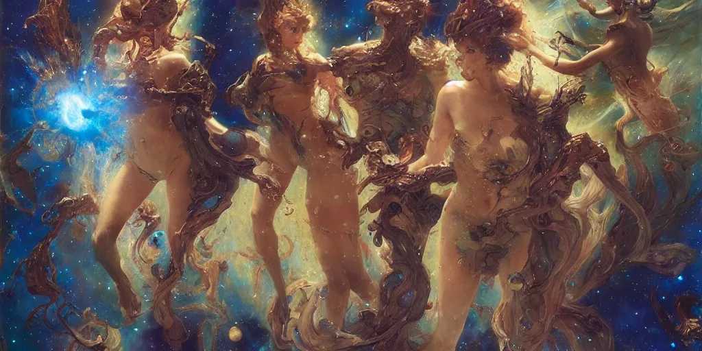 Image similar to supernova, space mermaids in space costumes, stars, painted by steve mccurry, ruan jia, raymond swanland, lawrence alma tadema, zdzislaw beksinski, norman rockwell, jack kirby, tom lovell, alex malveda, greg staples