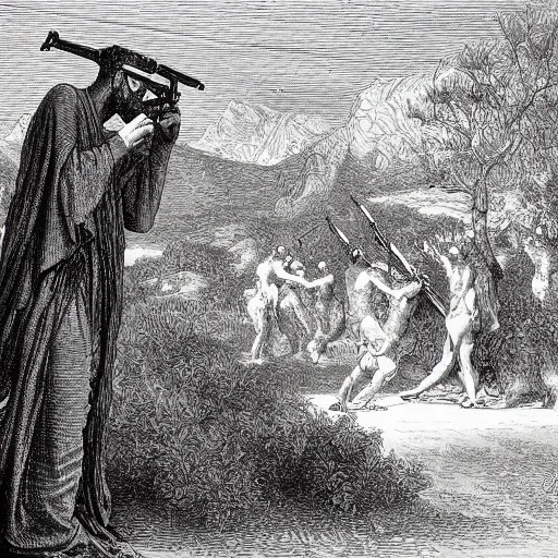Image similar to Adam shooting the sname with an AK-47, biblical painting by Gustave Doré, black and white palette, detailed