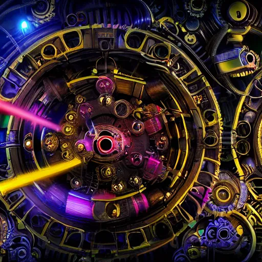 Prompt: album art, album is called tripmachine, text tripmachine, photo of a huge futuristic steampunk machinery with gears and belts, many tubes and cables, 8 k, fluorescent colors, halluzinogenic, multicolored, exaggerated detailed, front shot, 3 d render, octane