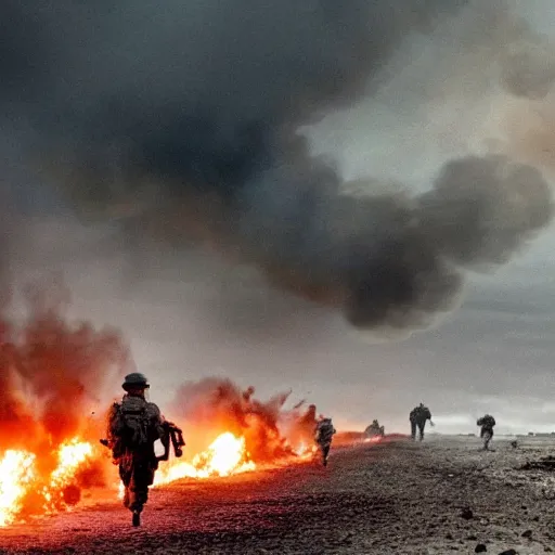 Image similar to american soldiers running at the camera during normandy beach landing with fiery explosions and debris all around them in the style of the movie lone survivor and saving private ryan, gritty, 4 k, cinematic lighting,