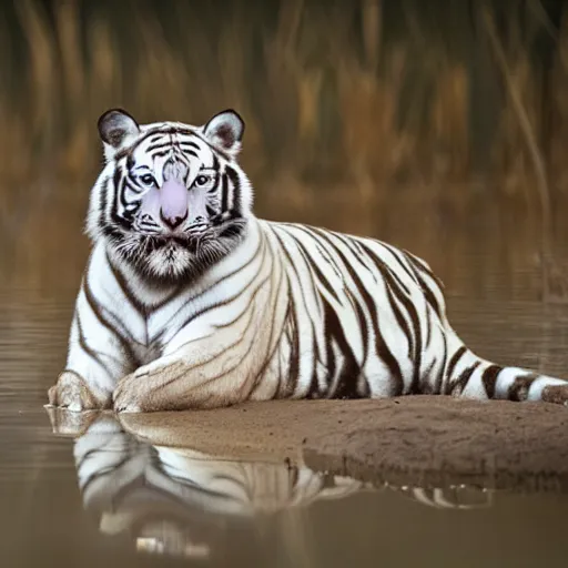 Prompt: photo of a very mud muddy slightly white tiger in a swamp in the night sunset, fur with mud, muddy fur, 300 mm depth of field bokeh