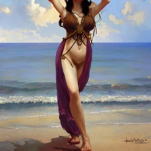 Image similar to character portrait of Mata Hari on a beach, relaxing mood, intricate, wild, highly detailed, digital painting, artstation, upper body, concept art, smooth, sharp focus, illustration, art by artgerm and greg rutkowski and alphonse mucha