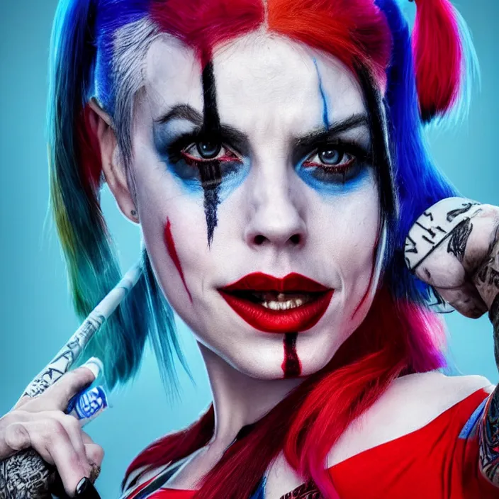 Prompt: portrait of Melanie C as a harley quinn in Suicide Squad. intricate artwork, octane render, trending on artstation, very coherent symmetrical artwork. cinematic, hyper realism, high detail, octane render, 8k