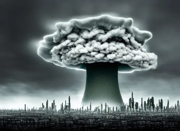 Image similar to nuclear mushroom cloud in the city . Horror dystopia style. Highly detailed 8k. Intricate. Nikon d850 300mm. Award winning photography.