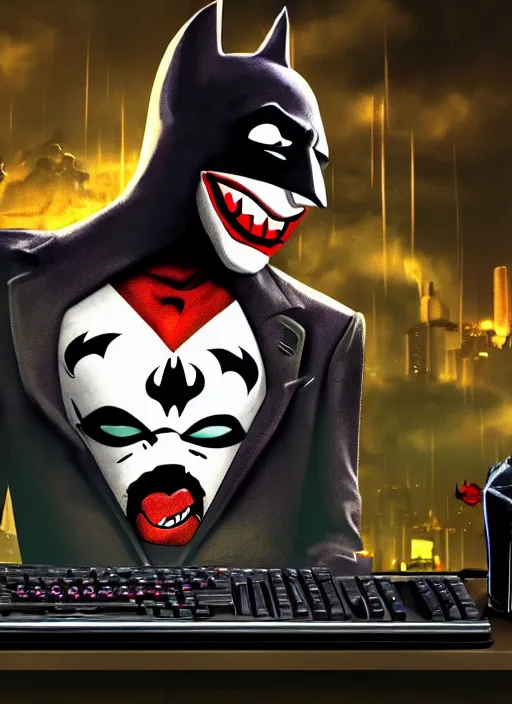 Prompt: Rat with Joker face paint sitting on gamers chair on gaming computer typing on keyboard, gaming, computer, gamers keyboard, looking sad, crying in the dark and gloom, defeating Batman, realistic, digital art, 4k, cinematic lighting, explosion in the background