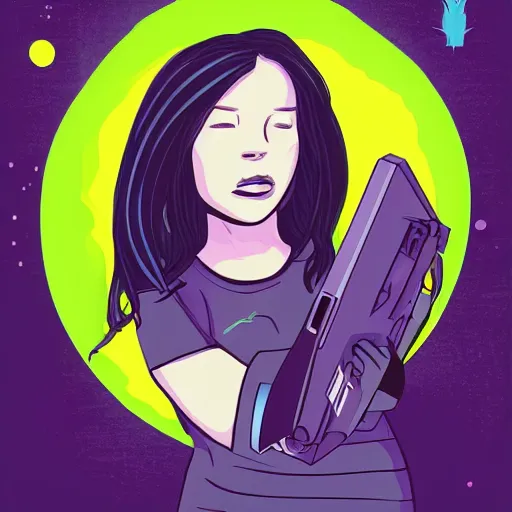 Image similar to poster artwork, sci fi, a female, full body, black hoodie techie, black hair with purple streaks, 8 k