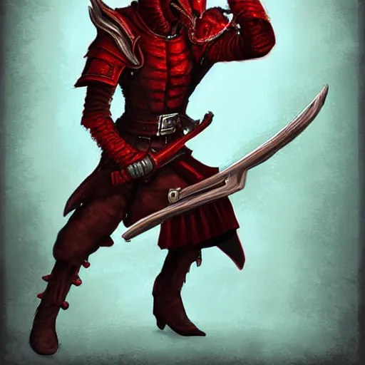 Image similar to A red dragonborn wearing a leather jacket and pointing a flintlock pistol at the viewer. Full-body. D&D. digital art.