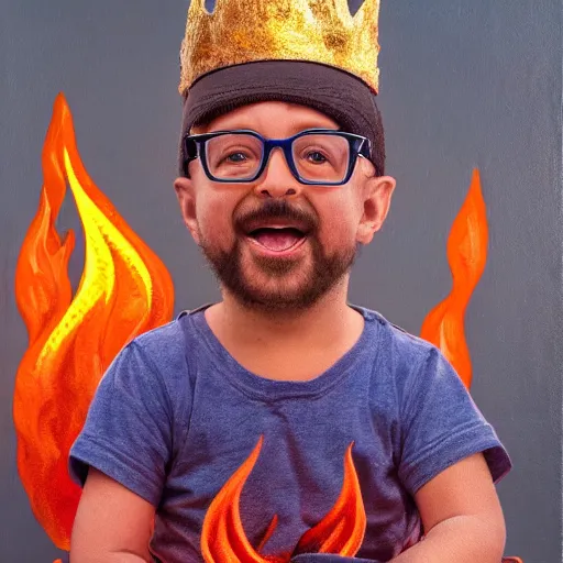 Image similar to close-up of Blippi sitting on a golden throne in a fiery hellish cave, oil painting, 8k, highly detailed, highly intricate,