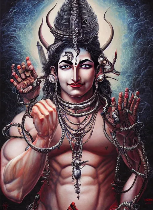 Image similar to god shiva the destroyer, 4!!! arms!!!! an ultrafine detailed painting by ayami kojima, cgsociety, fantasy, anime digital art, lovecraftian, cosmic horror, detailed painting