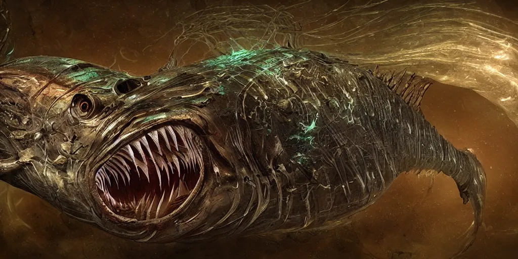 Image similar to angler fish, stylized layered textures, long flowing fins, bioluminescent orbs, 3 d render, substance painter, glowing eye, smooth, sharp focus, art by h r giger