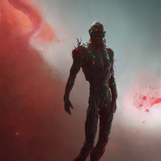 Image similar to scifi portrait by Greg Rutkowski, a person infected with a kind of reddish silt that is sprouting from all over his body, violent and vicious appearance, scifi, space horror, digital painting, artstation, concept art, smooth, sharp foccus ilustration, Artstation HQ.