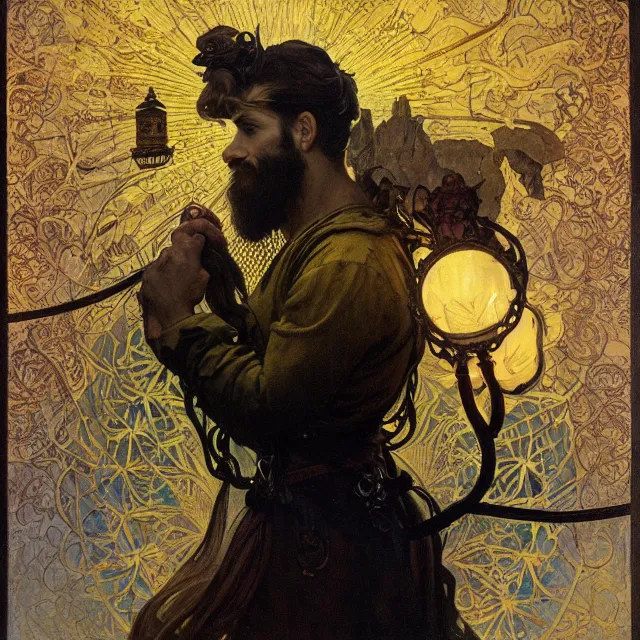 Prompt: an aesthetic! a detailed portrait of a man in a long beard, with a crown, holding a lantern with mountains of gold in the background, black birds flying overhead!! by frank frazetta and alphonse mucha, oil on canvas, art nouveau dungeons and dragons fantasy art, hd, god rays, ray tracing, crisp contour lines, huhd