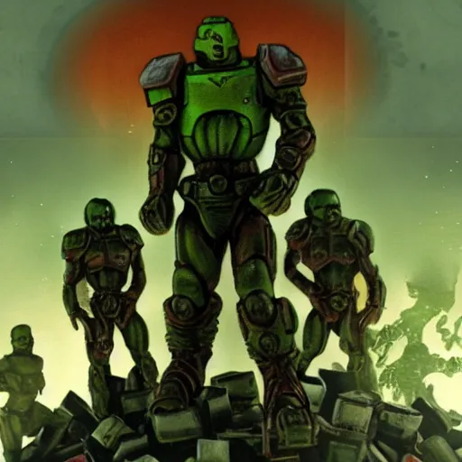 Image similar to doomguy standing on top of all the demons he has killed throughout the years, posing for the camera, very detailed piece of art,