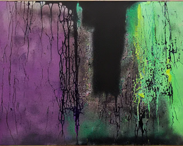 Prompt: abstract painting in black, dark green, purple, painted by Pat Steir, Julian Schnabel, Helene Frankenthaler, abstract painting. 8k, dripping paint, paint spill, extreme detail, intricate detail, masterpiece, trending on artstation,