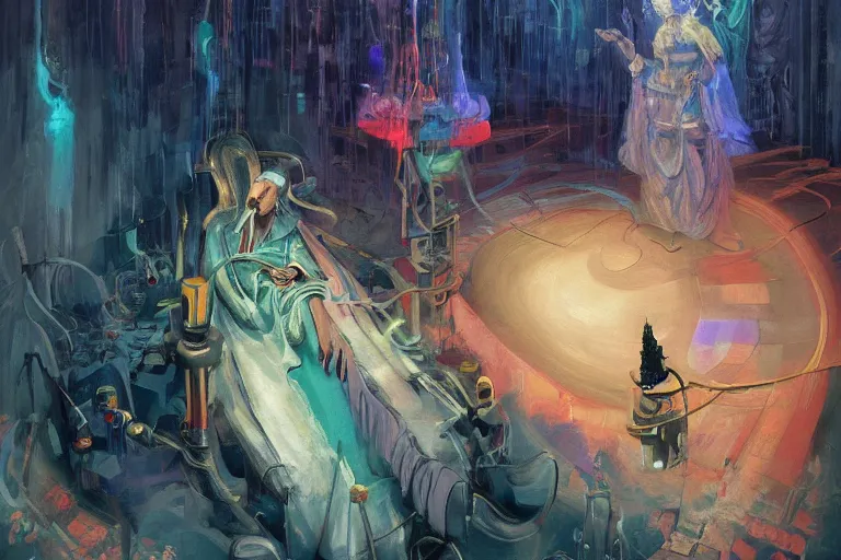 Image similar to A beautiful masterpiece painting of a technomancer wizard in robes with pointed hood discussing sentience with his synthesized Al djinn in his laboratory near a computer (by Remedios Varo and Anato Finnstark and Greg Rutkowski), (dayglo pink, dayglo blue, dazzle camouflage), 8k, trending on ArtStation