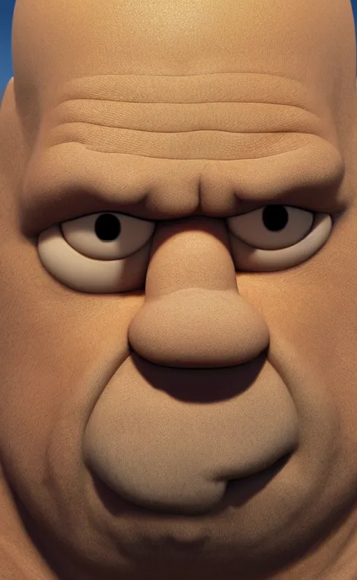 Image similar to 3D-Render of Homer Simpson in real life, hyperrealism, details, greasy face, big nose, big cartoon eyes, big lips, yellow skin, double chin, stubble, receding hairline, white shirt, close up, portrait, realism, Unreal Engine 5, 8K, photo, super-detailed, high quality, high resolution, 4K, HDR, ray tracing,