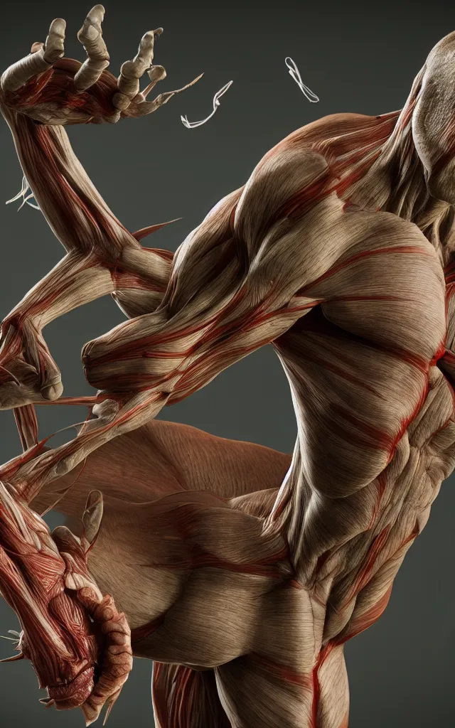 Prompt: intricated scientific medical 3d animation of the muscles and veins of a centaur monster in a mud road 3d octane render studio lighting