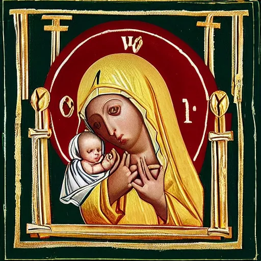 Image similar to “The Virgin Mary kicking Baby jesus like a football Orthodox Iconography”