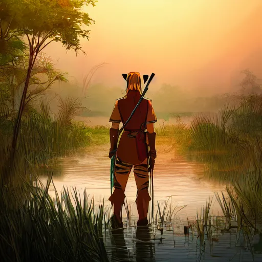 Image similar to anthro tiger bandit standing in swamp water gazing at the sunset, fantasy, studio ghibli, dungeons & dragons, wide shot, dramatic lighting, dynamic, ultra realistic, ultra detailed, colorful, 8 k, thin line work, trending on artstation