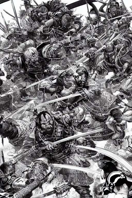 Prompt: hyper detailed illustration of a samurai battle by Kev Walker, simon bisley and paolo parente