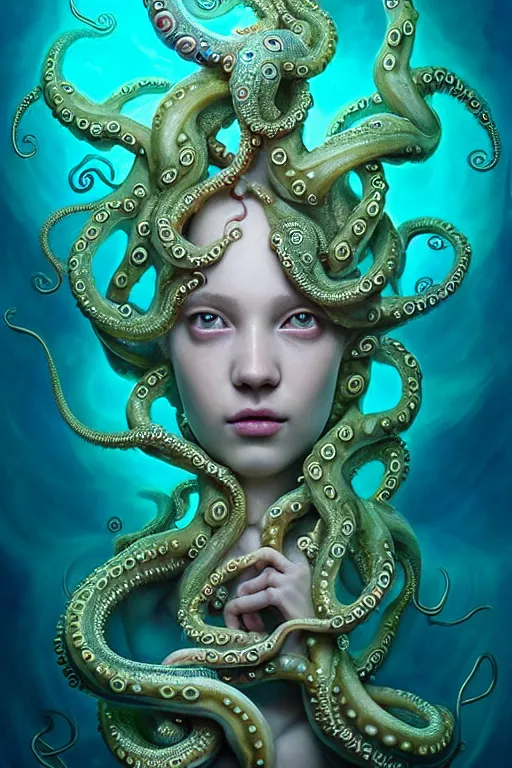 Image similar to A full shot of a cute monster wearing an ornate dress made of opals and tentacles on the ocean floor. Subsurface Scattering. Dynamic Pose. Translucent Skin. Caustics. Prismatic light. defined facial features, symmetrical facial features. Opalescent surface. Soft Lighting. beautiful lighting. By Giger and Ruan Jia and Artgerm and WLOP and William-Adolphe Bouguereau and Loish and Lisa Frank. Fantasy Illustration. Sailor Moon. Masterpiece. trending on artstation, featured on pixiv, award winning, cinematic composition, dramatic pose, sharp, details, Hyper-detailed, HD, HDR, 4K, 8K.