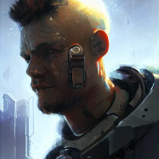 Prompt: a brawny futuristic labourer man with cybernetic enhancements, sci fi character portrait by greg rutkowski, craig mullins