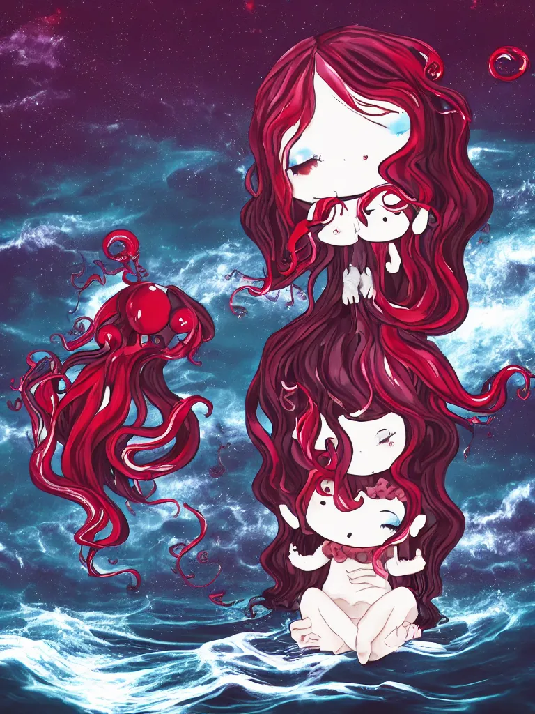 Image similar to cute fumo plush chibi gothic translucent octopus maiden alien girl combing her hair in the waves of the wavering dark galactic abyss, black and red dress with ribbons, ocean wave thunderstorm and reflective splashing water, black and white, ocean simulation, vignette, vray